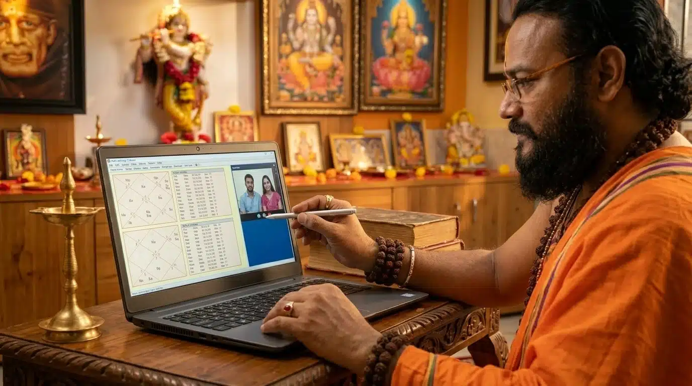 Pandit DS Acharya Sidhanti conducting online Kundli matching consultation for couples across India
