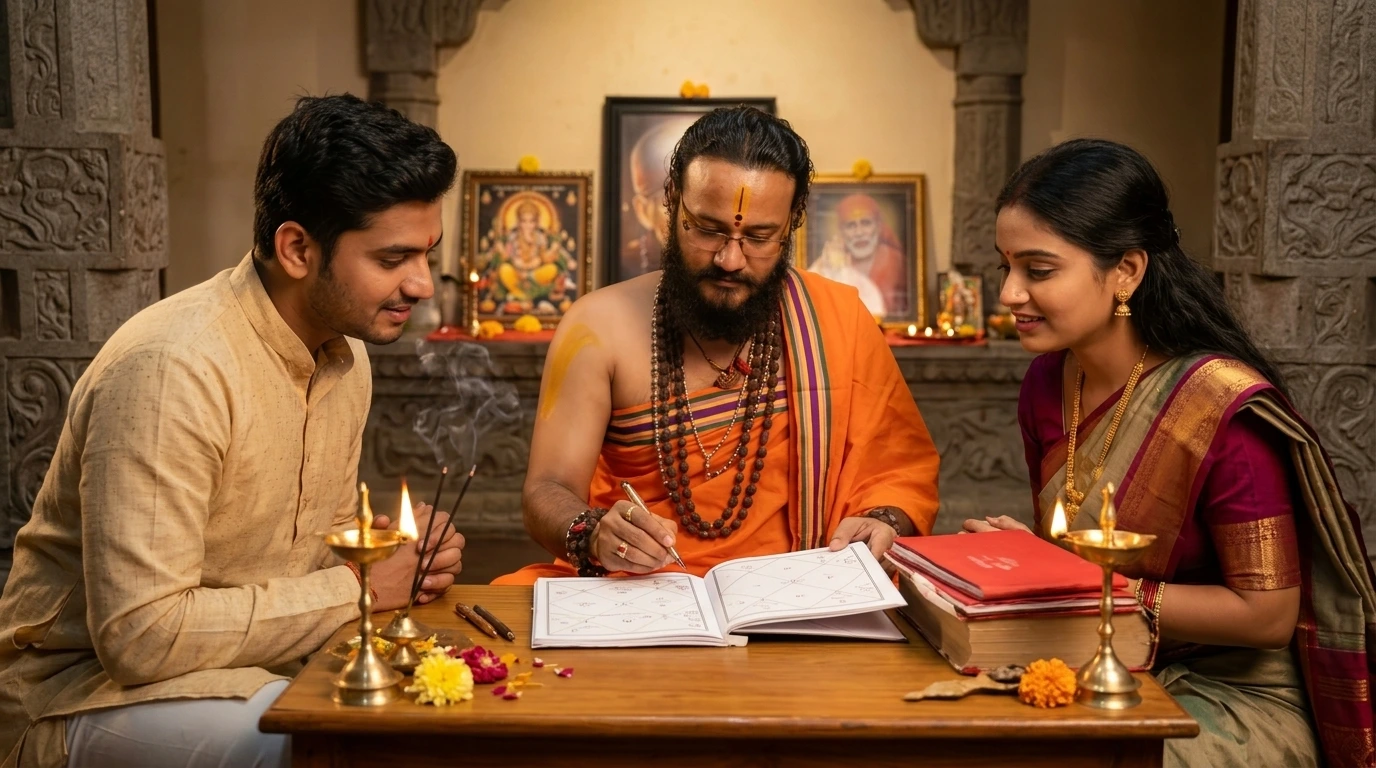 Pandit DS Acharya Sidhanti in marriage compatibility consultation with a couple in Jayanagar Bangalore