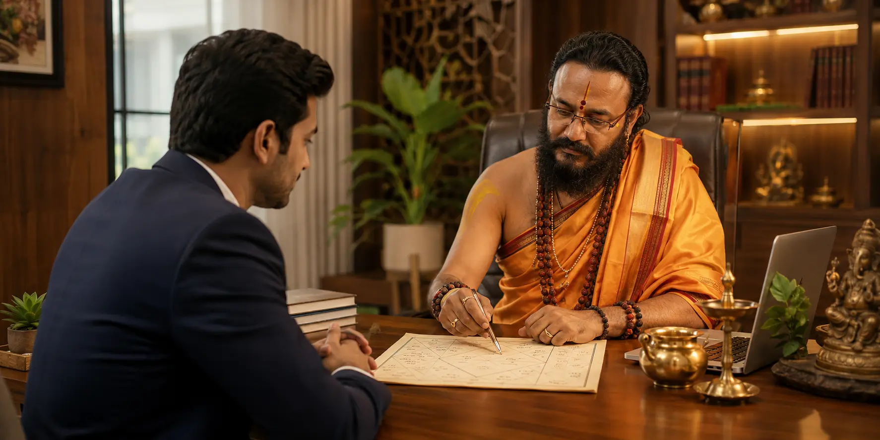 Business astrology consultation reviewing a founder's chart for financial growth and stability in Bangalore
