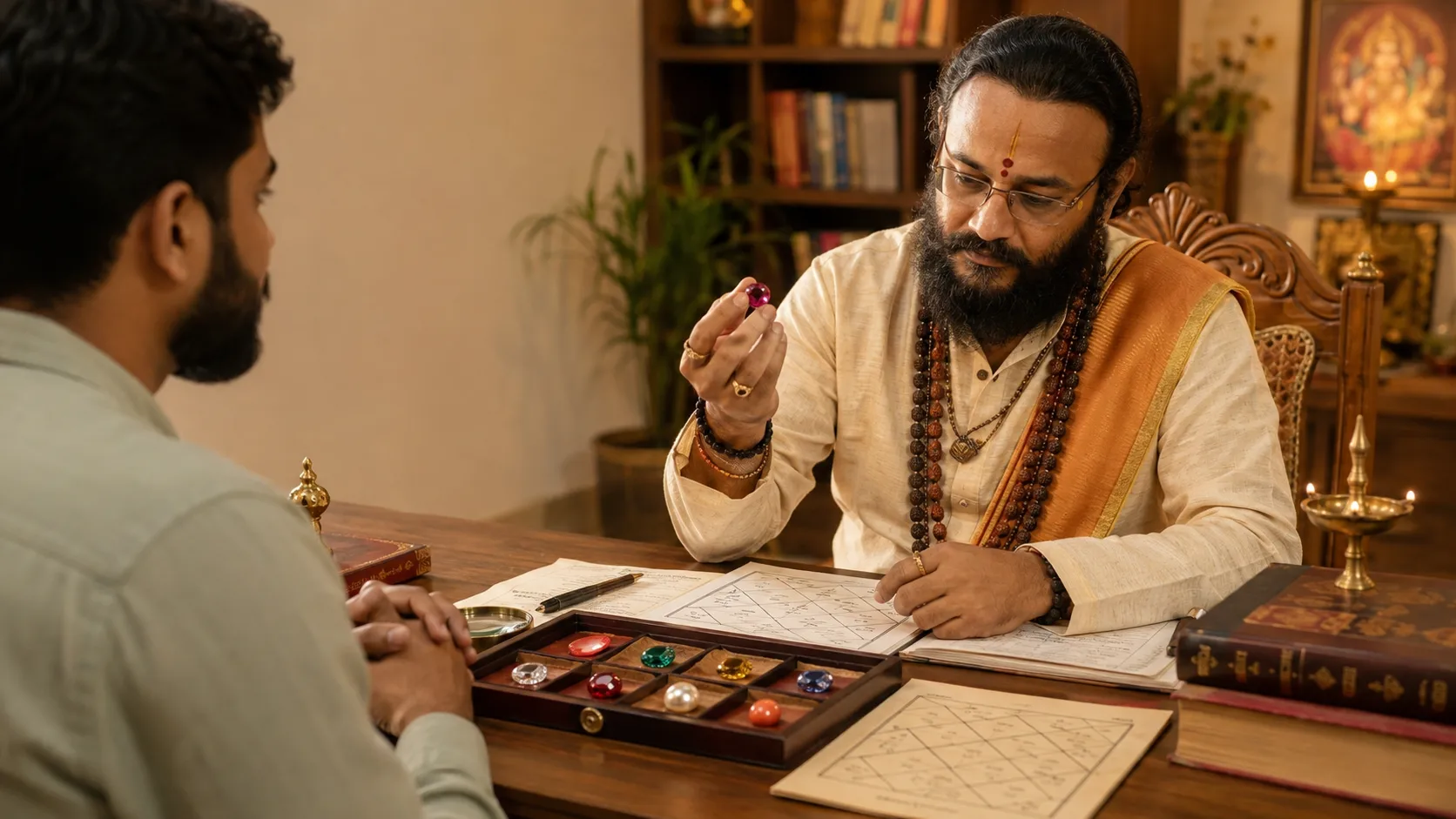 Gemstone astrology consultation session recommending planetary gemstones based on birth chart analysis
