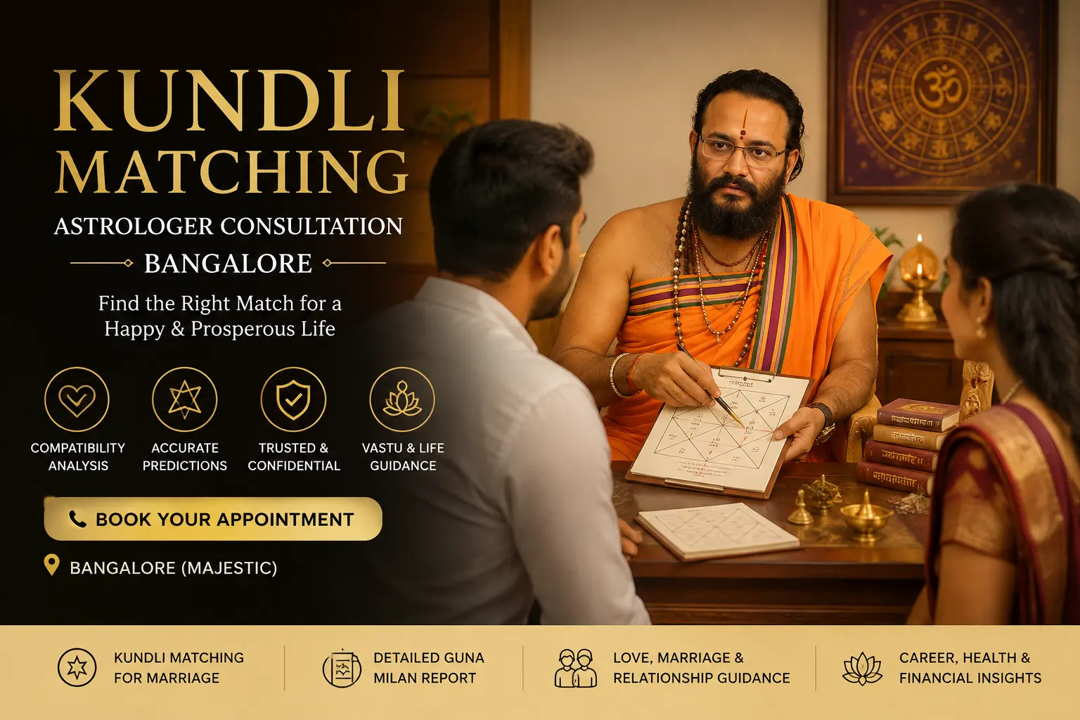Kundli matching consultation session comparing two birth charts for marriage compatibility in Bangalore