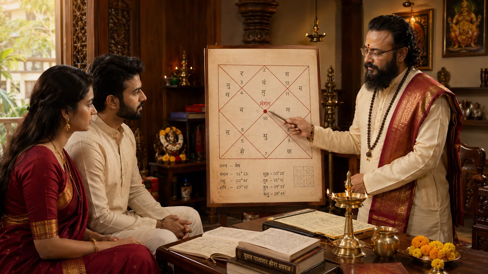 Mangal Dosha astrologer in Bangalore checking Mars placement across a client's Lagna, Moon, and Venus charts