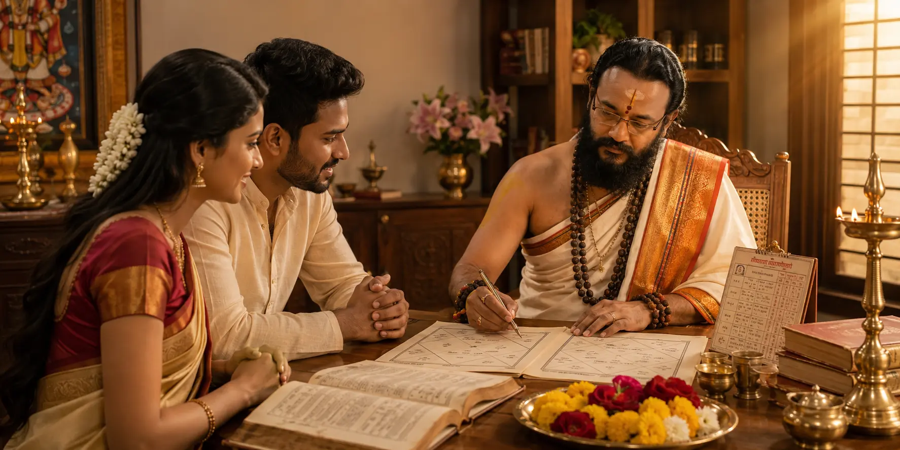 Astrologer selecting an auspicious marriage muhurtham date for a Bangalore couple