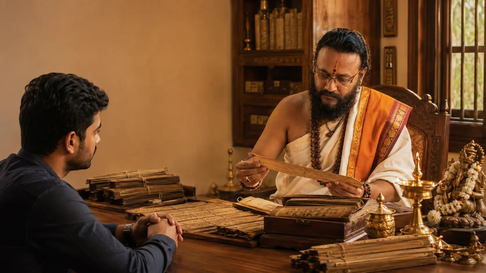 Nadi astrologer in Bangalore reading a client's D-60 Nadi Amsa chart during an in-person consultation