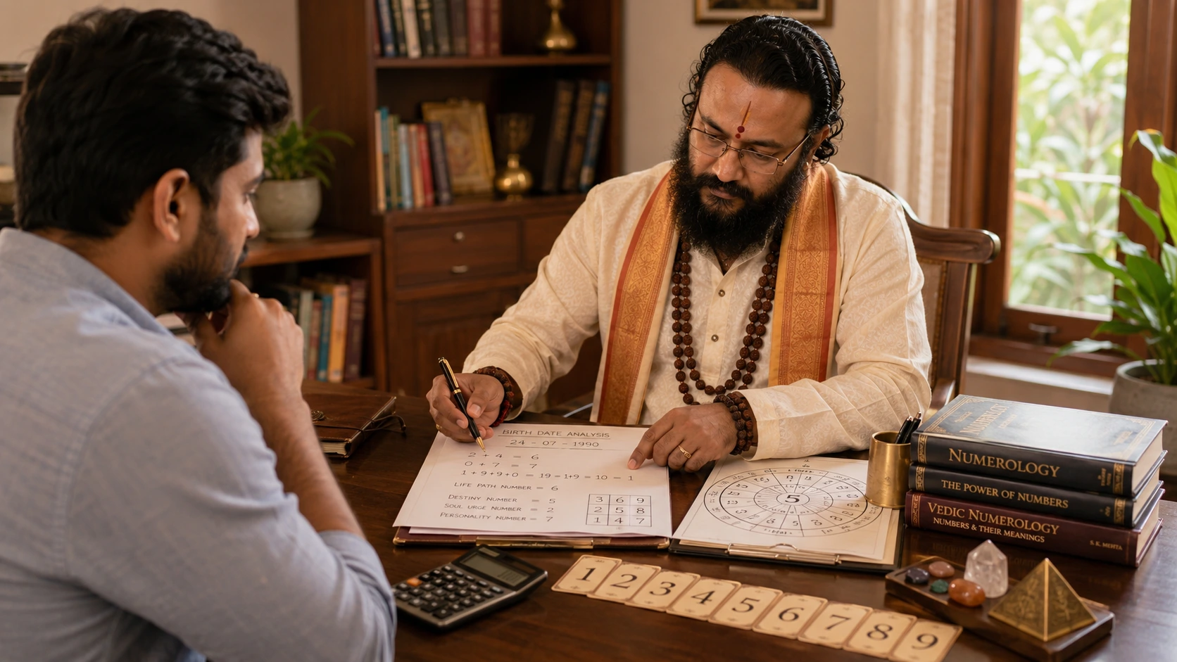 Numerologist in Bangalore reviewing a client's birth number and name chart during an in-person consultation