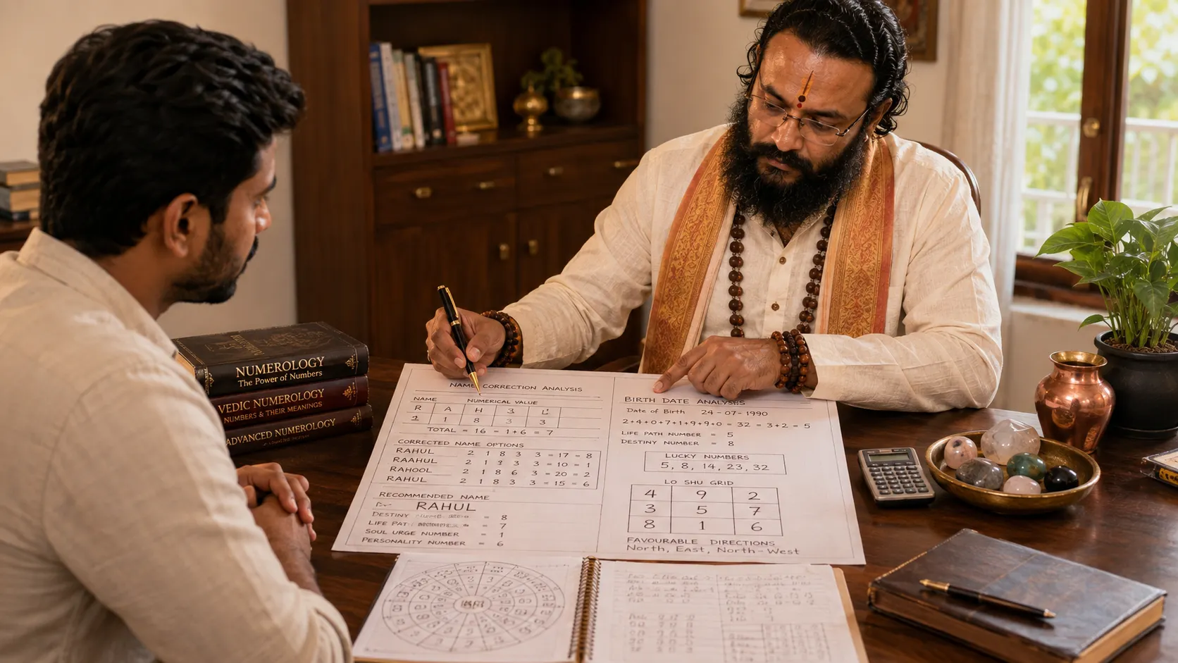 Lucky number and name correction chart used during a Chaldean numerology consultation in Bangalore