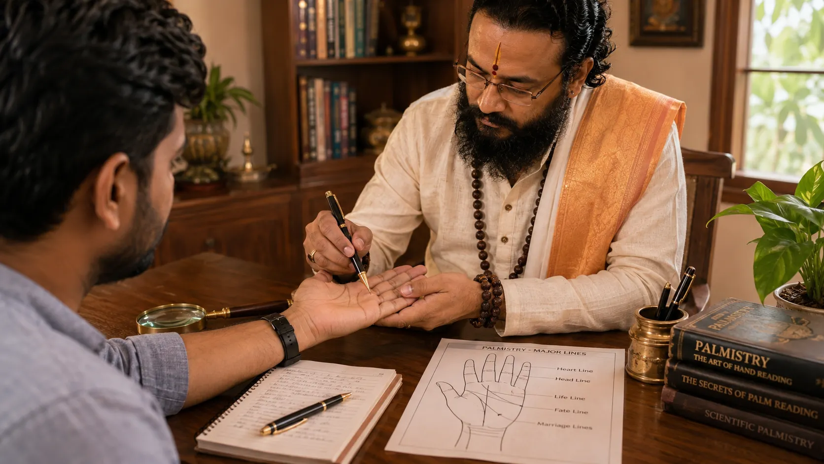 Close-up palmistry reading highlighting the life line and marriage line during a consultation